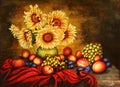 Sunflowers. Flowers in a jug with fruits. Painting. Acrylic colors on paper. Royalty Free Stock Photo