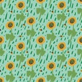 Sunflowers and ladybugs seamless vector pattern in green and yellow
