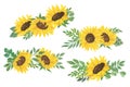 Sunflowers and leaves bouquet watercolor hand drawn floral illustration, summer field agricultural plant Royalty Free Stock Photo