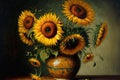 Sunflowers. lovely canvas oil painting vases of sunflowers based on the Gogh painting Royalty Free Stock Photo
