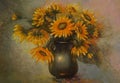 Sunflowers oil painting on canvas. Abstract still life of sunflowers in a vase. A bouquet of yellow flowers