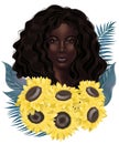 Sunflowers with palm leaves and beautiful girl. Fairies of flowers for fabric design.