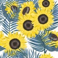 Sunflowers with palm leaves. Fairies of flowers for fabric design. Beautiful flowers digital illustration