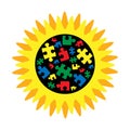 Sunflowers with pazzle. Autism awareness. Autism concept poster template. Vector illustration Royalty Free Stock Photo