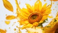Sunflowers and petals falling into splashing vegetable oil on white background Royalty Free Stock Photo