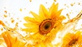 Sunflowers and petals falling into splashing vegetable oil on white background Royalty Free Stock Photo