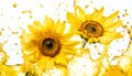 Sunflowers and petals falling into splashing vegetable oil on white background Royalty Free Stock Photo