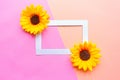 Sunflowers and photo frame on geometric pink and orange pastel background. Royalty Free Stock Photo