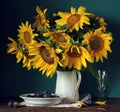 Sunflowers and plums. bouquet of garden flowers and berries Royalty Free Stock Photo