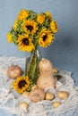 Sunflowers, pumpkin, onions, potatoes Royalty Free Stock Photo