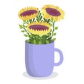 Sunflowers in a purple cup vector illustration. Bright yellow sunflowers with green leaves, decorative floral design Royalty Free Stock Photo