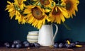 Sunflowers and purple plums. flowers and fruit Royalty Free Stock Photo