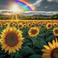 Sunflowers Reaching for a Double Rainbow in a Vast Field Royalty Free Stock Photo