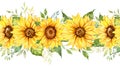 Sunflowers Seamless Border, Watercolor Sunflowers Arrangement, Hand Painted Sunflowers Bouuqet on white background