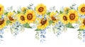 Sunflowers Seamless Border, Watercolor Sunflowers Arrangement, Hand Painted Sunflowers Bouuqet on white background