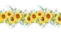 Sunflowers Seamless Border, Watercolor Sunflowers Arrangement, Hand Painted Sunflowers Bouuqet on white background