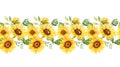 Sunflowers Seamless Border, Watercolor Sunflowers Arrangement, Hand Painted Sunflowers Bouuqet on white background