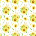 Sunflowers seamless pattern. Hand drawn watercolor bouquets with yellow flowers, leaves and wheat spikelets illustration Royalty Free Stock Photo