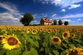 Sunflowers sky near house. Generate Ai