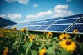 Sunflowers and Solar Panel in a Vibrant Field Promoting Renewable Energy, Wildflowers in front of solar panels on a field, AI