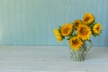 Sunflowers. Summer bouquet in crockery with pastel background Royalty Free Stock Photo