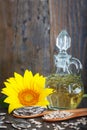 Sunflowers, sunflower oil and sunflower seeds Royalty Free Stock Photo