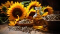 Sunflowers and sunflower seeds in glass containers oil and sunflower seeds Royalty Free Stock Photo