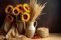 sunflowers in a vase next to harvested wheat sheaves