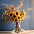 Dreamy Romanticism: A Stunning Vase Of Yellow Sunflowers And Dried Grass