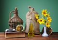 Sunflowers in a vase and a sack of jute Royalty Free Stock Photo