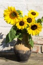 Sunflowers in vintage clay jug on wooden table Royalty Free Stock Photo