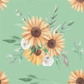 Sunflowers Watercolor Seamless Pattern Flowers White Roses Royalty Free Stock Photo