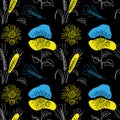 Sunflowers and wheat spikelet vector pattern on black background. One continuous line art drawing. Blue and yellow