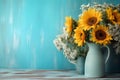 Sunflowers and white flower bouquet in the vases on blue wood table, rustic, cottage style, gardening, summer concept backdrop, Royalty Free Stock Photo