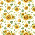 Sunflowers white roses and chrysanthemums - floral seamless pattern. Royalty Free Stock Photo