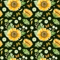 Sunflowers white roses and chrysanthemums - floral seamless pattern. Royalty Free Stock Photo