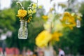 Sunflowers and yellow blum flowers with rustic decoration Royalty Free Stock Photo