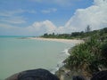 Sungailiat, Bangka, Indonesia. June 2, 2022. Beautiful Batu Ketak beach in Bangka Island. Blue Cloud sky. Granite stone.