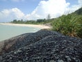 Sungailiat, Bangka, Indonesia. June 2, 2022. Beautiful Batu Ketak beach in Bangka Island. Blue Cloud sky. Granite stone.