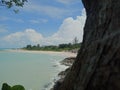 Sungailiat, Bangka, Indonesia. June 2, 2022. Beautiful Batu Ketak beach in Bangka Island. Blue Cloud sky. Granite stone.