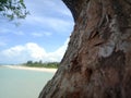 Sungailiat, Bangka, Indonesia. June 2, 2022. Beautiful Batu Ketak beach in Bangka Island. Blue Cloud sky.