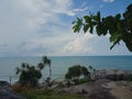 Sungailiat, Bangka, Indonesia. June 2, 2022. Beautiful Batu Ketak beach in Bangka Island. Blue Cloud sky. Granite stone.