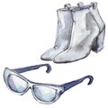 Sunglases and shoes sketch illustration in a watercolor style isolated element. Watercolour fashion background set.