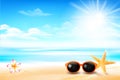 Sunglass star fish and flower in the Sand beach 001 Royalty Free Stock Photo