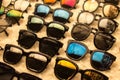 Sunglasses apparel in market shop with big discounts on eyewear Royalty Free Stock Photo