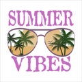 Sunglasses with beach, palms and sun in it. Summer vibes words Royalty Free Stock Photo