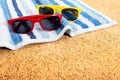 Sunglasses beach sunbathing copy space Royalty Free Stock Photo