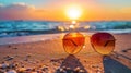 Sunglasses on the beach at sunset with a beautiful view of sand and water, AI Royalty Free Stock Photo