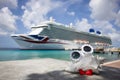 Sunglasses on a big seashell with 2 small hearts on seascape with cruise liner background. Royalty Free Stock Photo