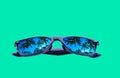 Sunglasses in a black frame with palm trees in the reflection of the lenses on a green background, isolated Royalty Free Stock Photo